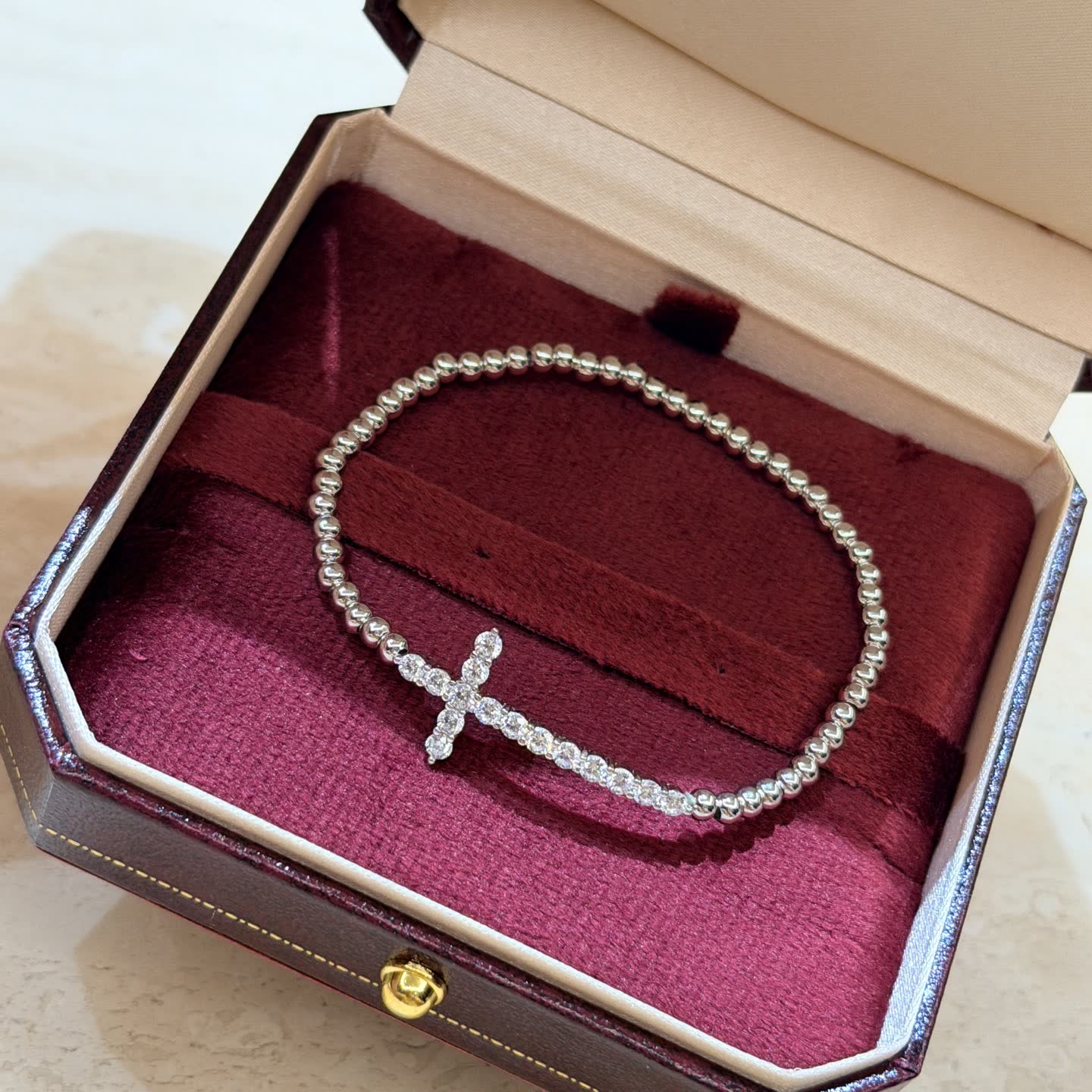 Chrome Hearts Silver Beaded Bracelet with Cross Charm
